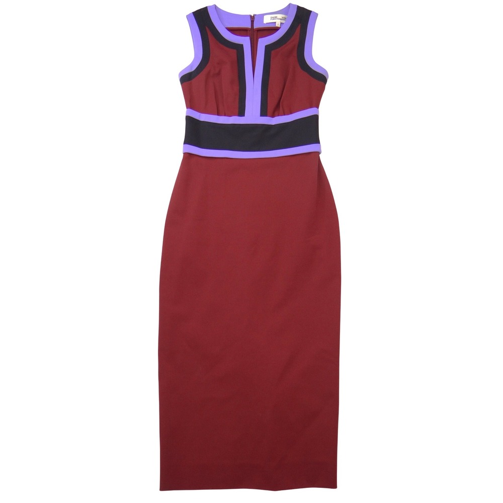 Diane von Furstenberg‎ DVF Colorblock Sheath Midi Dress Burgundy Purple Black 0